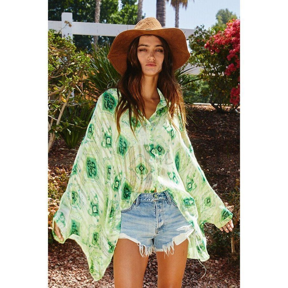 BUCKETLIST Green Ikat Oversized Button-Down Top